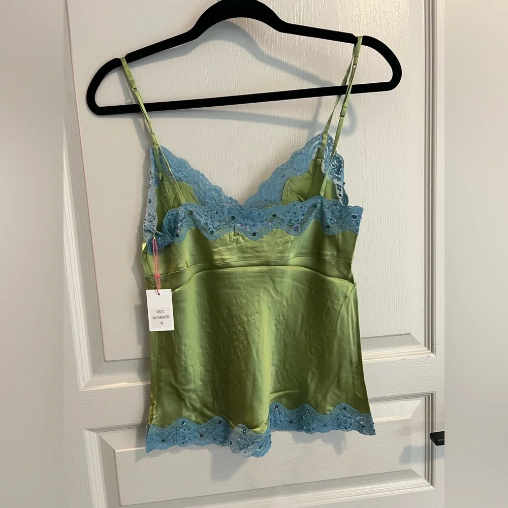 Gold Hawk Green Silk Lace Camisole Blue Trim Size M - Picture 6 of 7